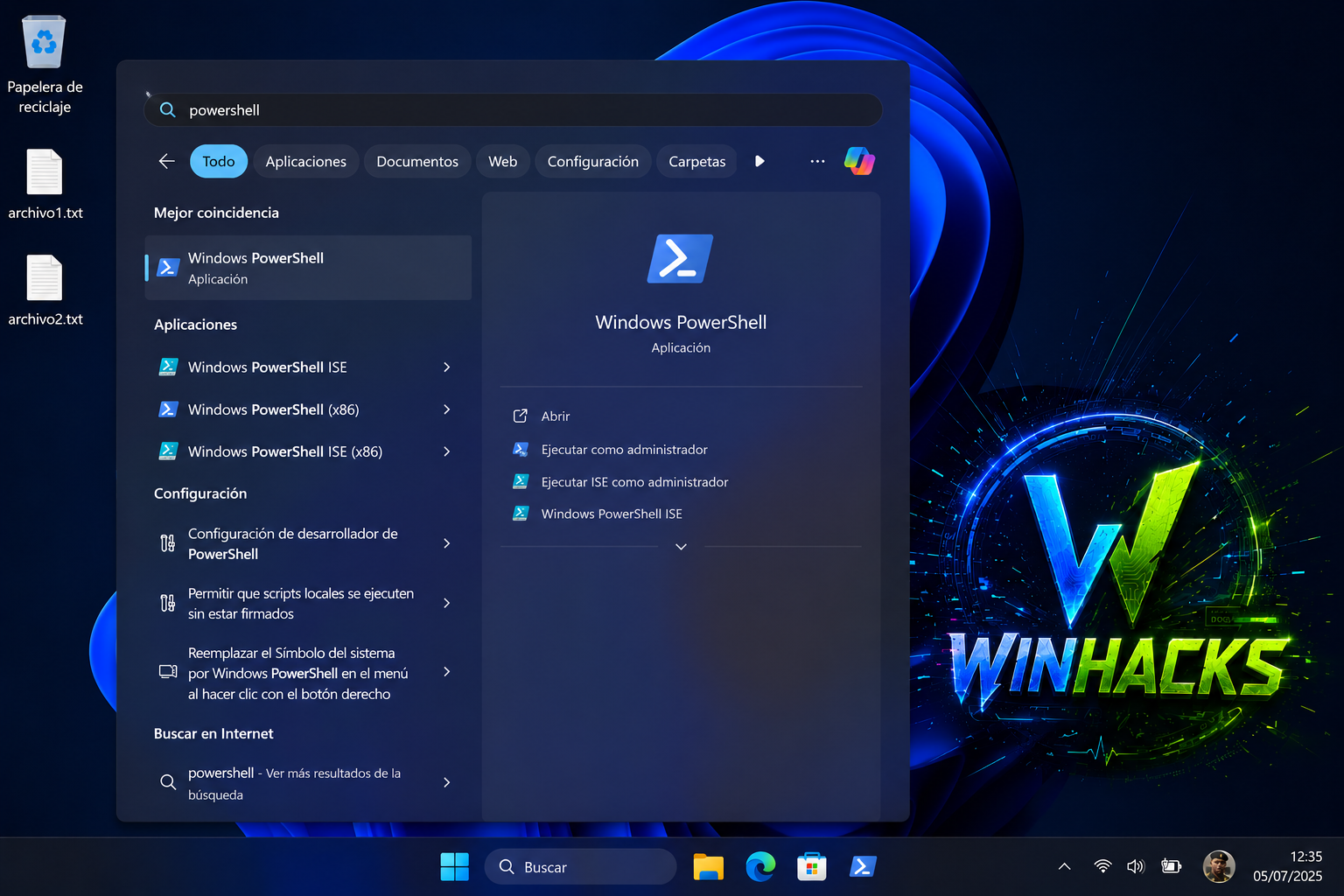 PowerShell abierto en Windows para comparar dos archivos