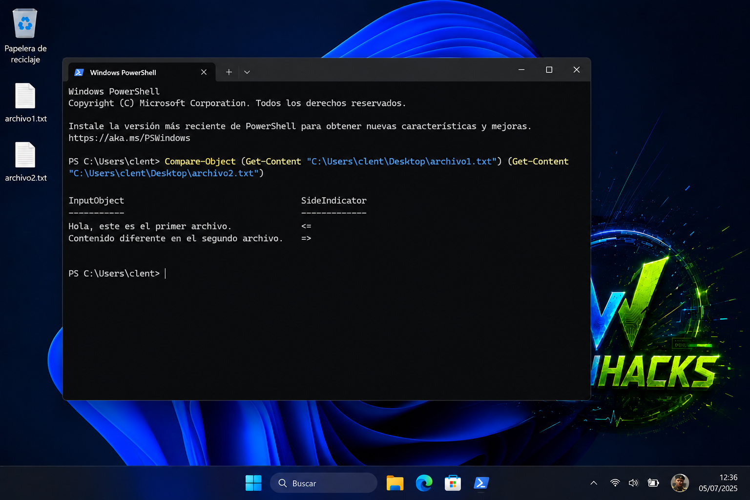 Comando Compare-Object ejecutado en PowerShell para comparar dos archivos