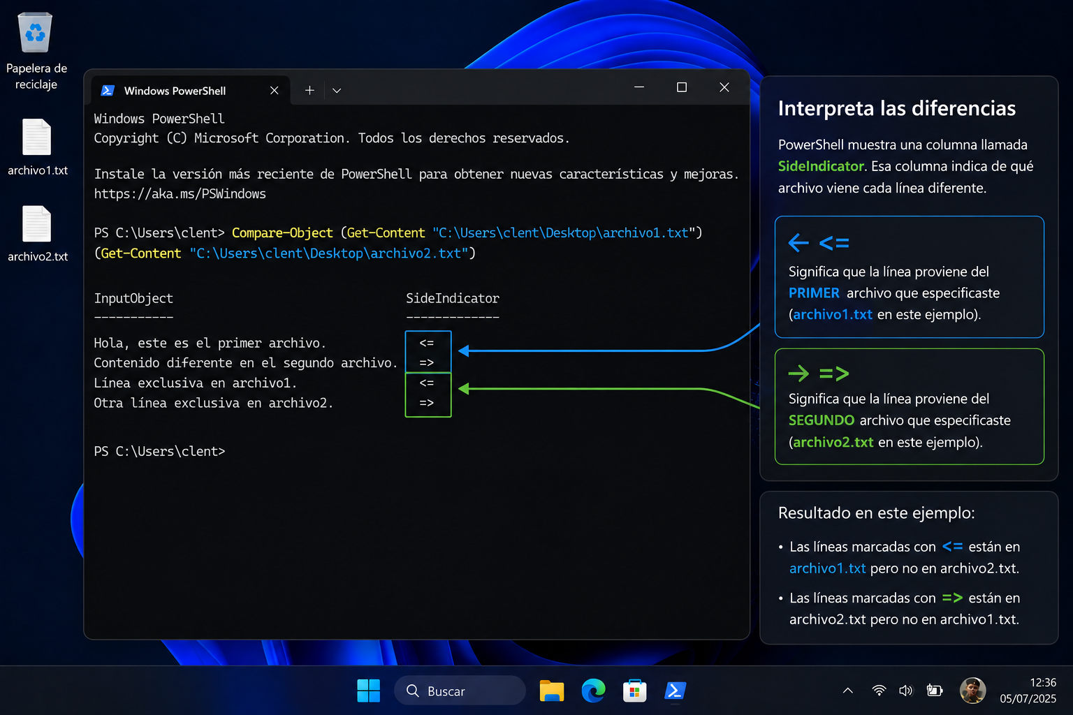 Resultado de Compare-Object mostrando diferencias entre archivos en PowerShell