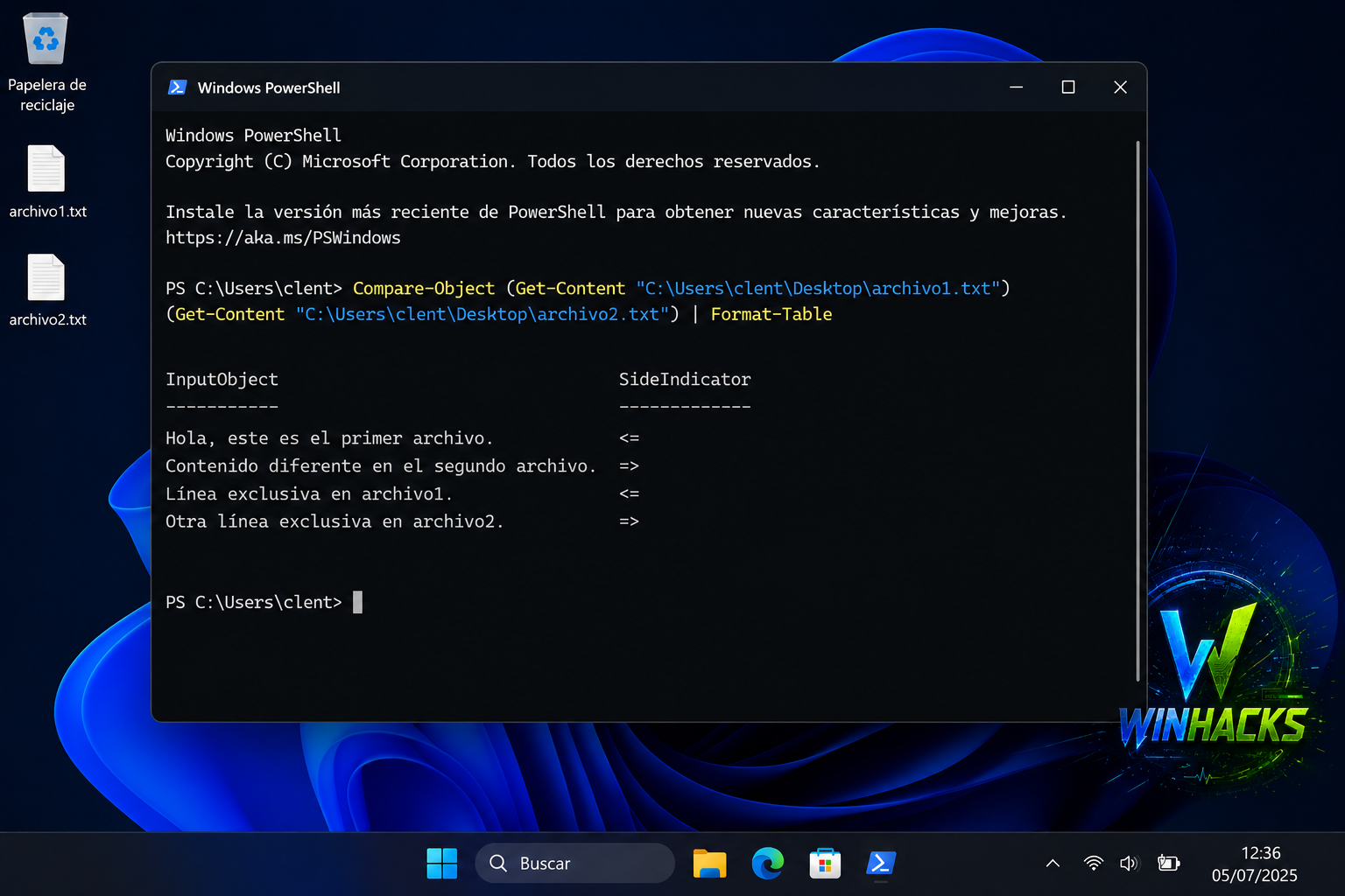Resultado de Compare-Object con Format-Table en PowerShell