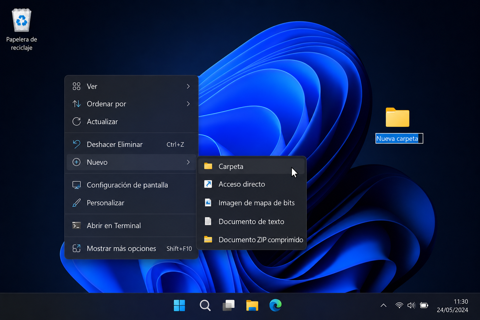 Crear una nueva carpeta en el escritorio de Windows 11 desde el menú contextual
