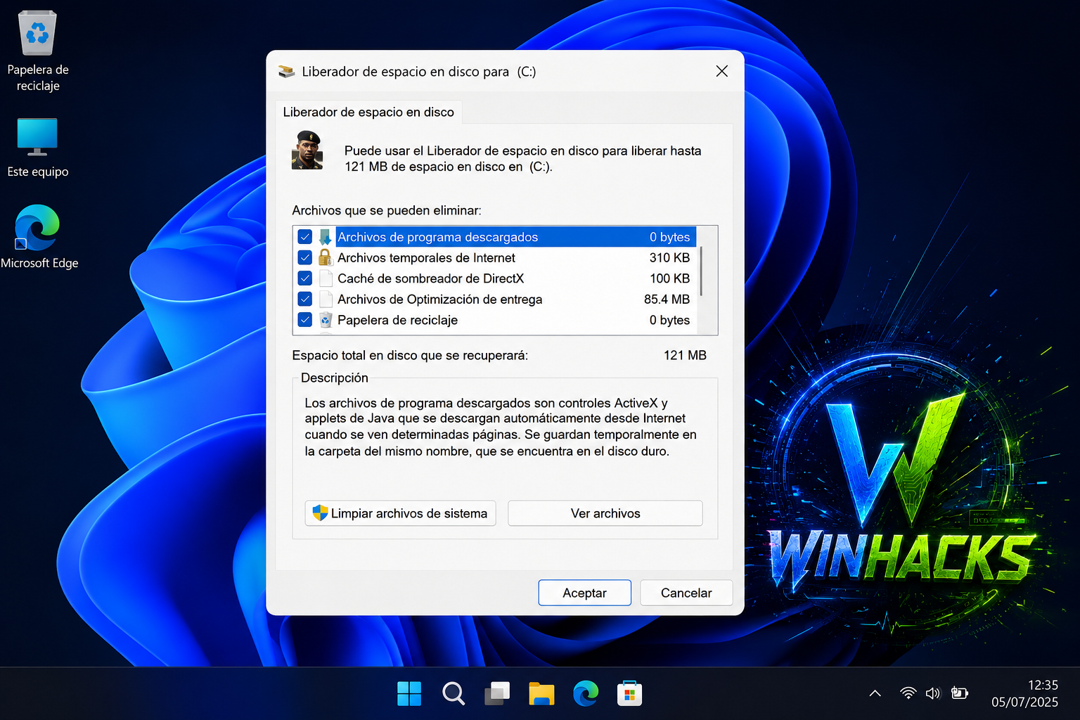 Ventana de Limpieza de disco mostrando las categorías de archivos que pueden eliminarse en Windows 11
