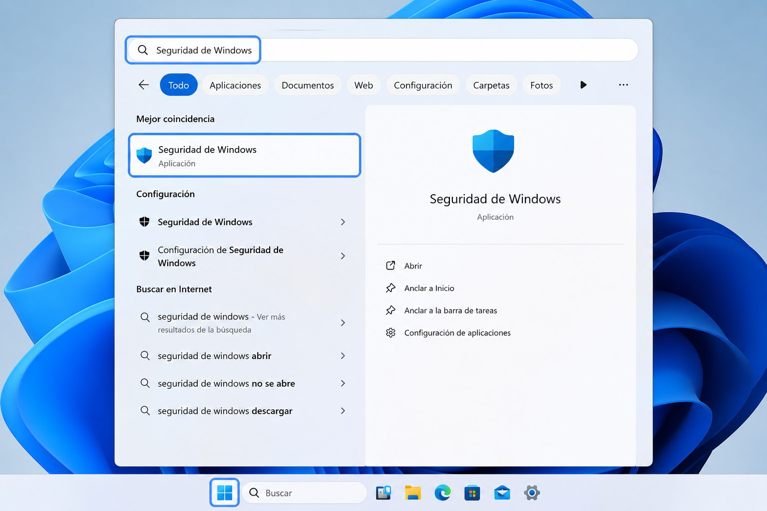 Abrir Seguridad de Windows desde el menú Inicio