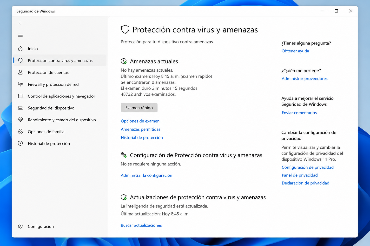 Protección contra virus y amenazas en Windows Defender