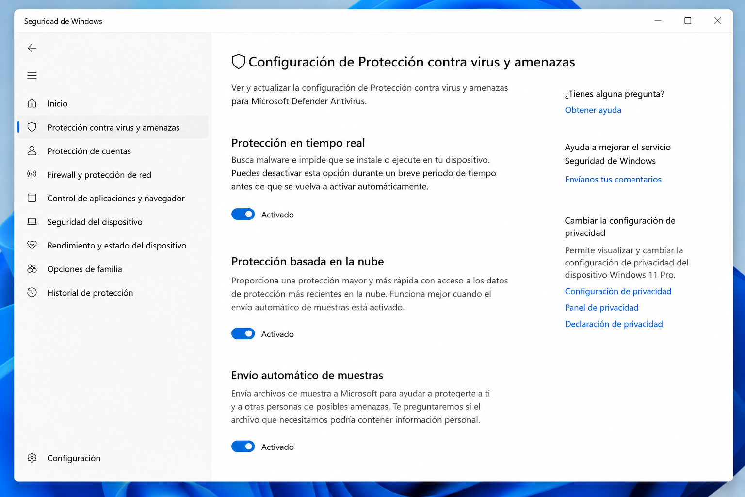 Protección en tiempo real activada en Windows Defender
