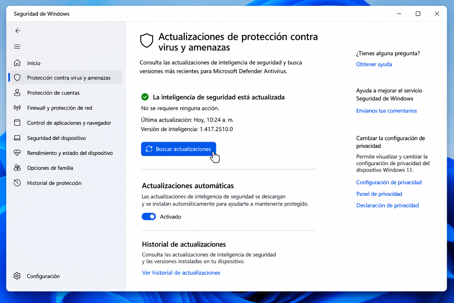 Actualizar firmas de Microsoft Defender