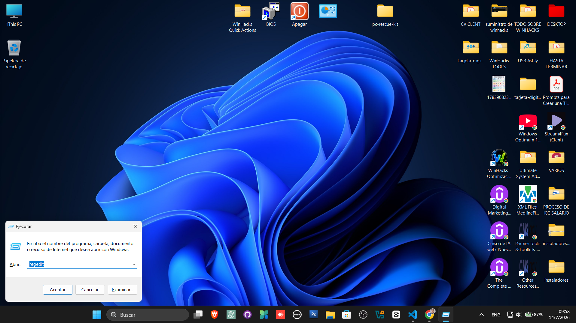 Comando regedit escrito en la ventana Ejecutar de Windows