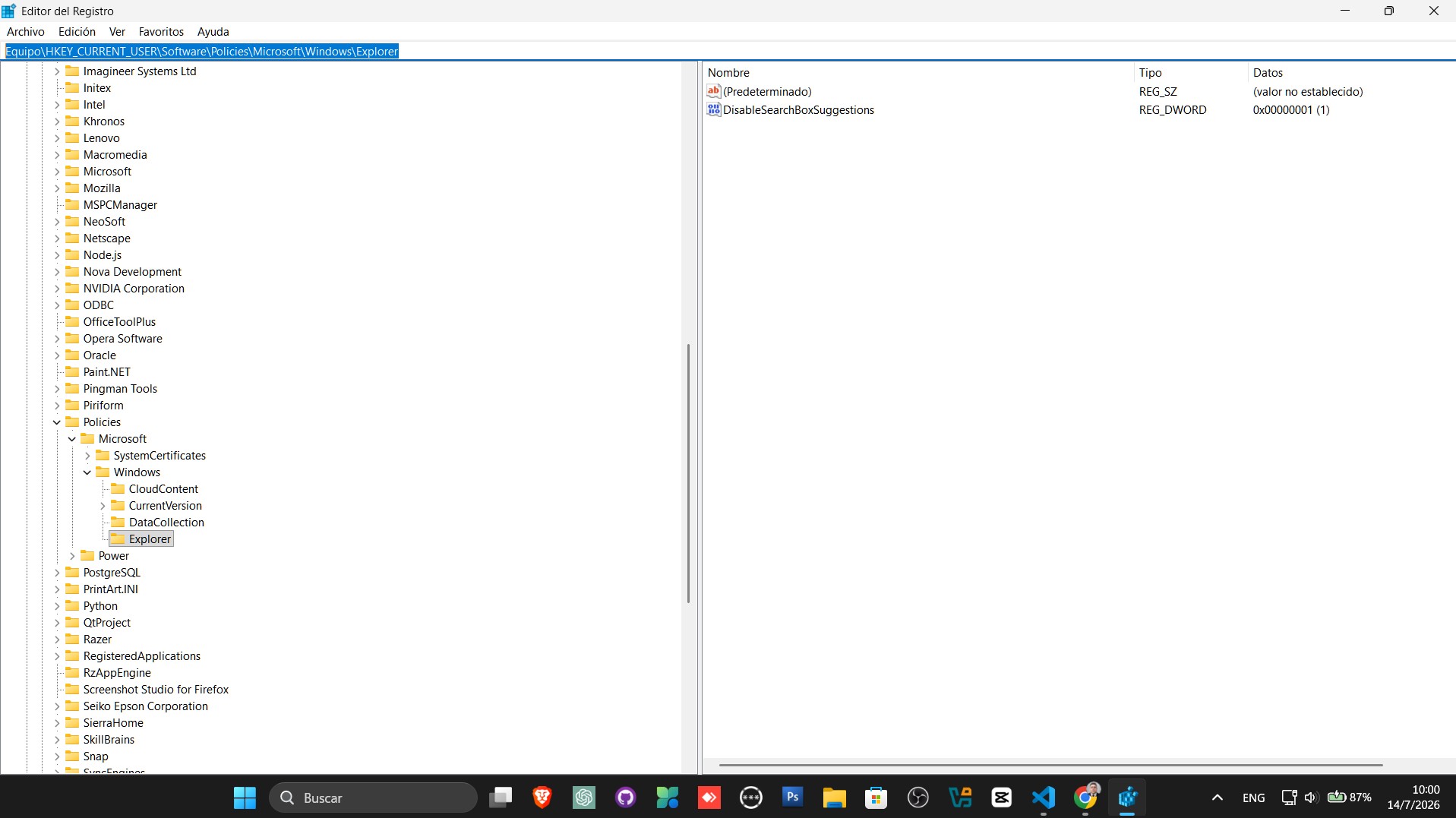 Ruta Explorer dentro de las directivas del Registro de Windows