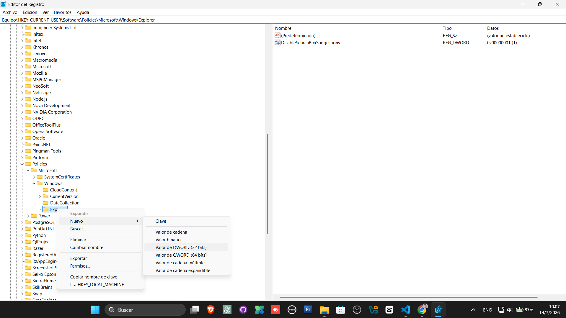Crear un nuevo valor DWORD de 32 bits en el Registro de Windows