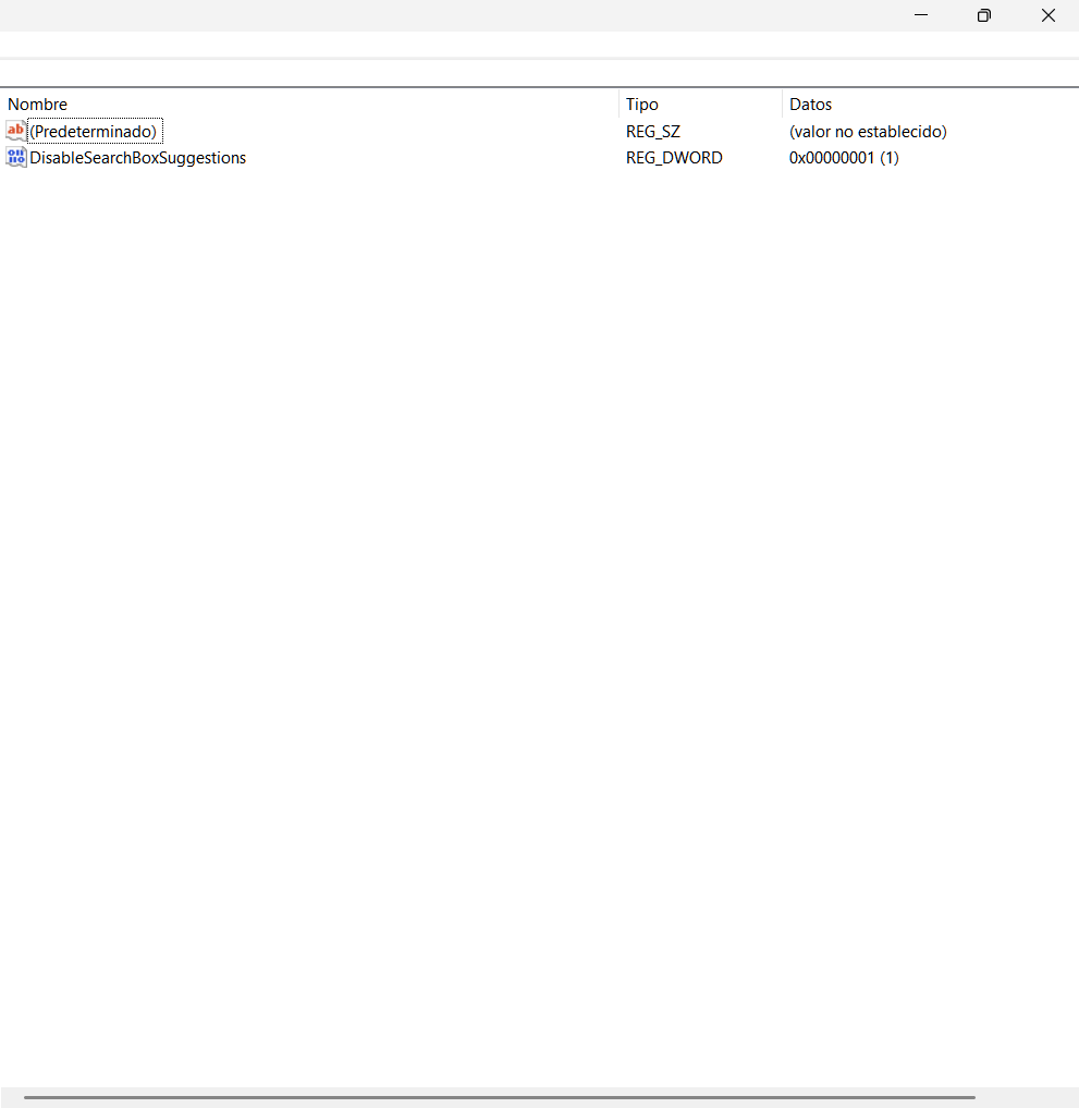 Valor DisableSearchBoxSuggestions creado en el Registro de Windows
