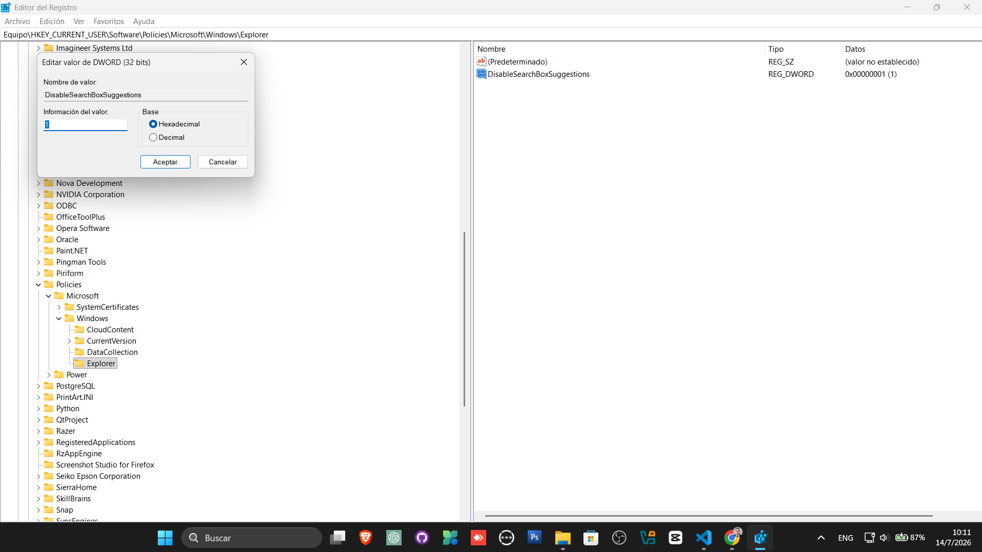 Valor DisableSearchBoxSuggestions configurado en 1 con base decimal