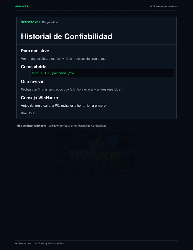 Página de muestra sobre Historial de Confiabilidad