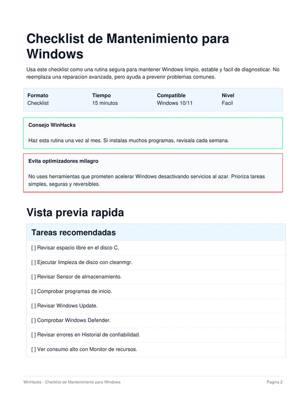 Vista rápida del Checklist de Mantenimiento para Windows