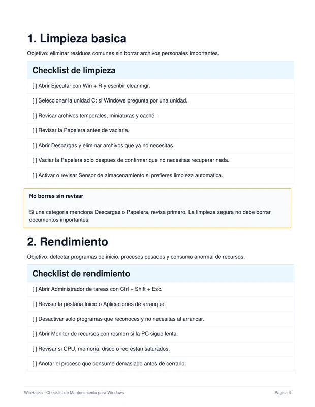 Página de limpieza y rendimiento del Checklist de Mantenimiento