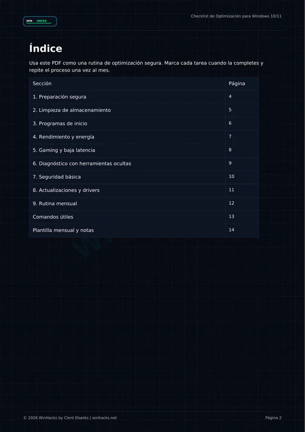 Índice del Checklist de Optimización para Windows