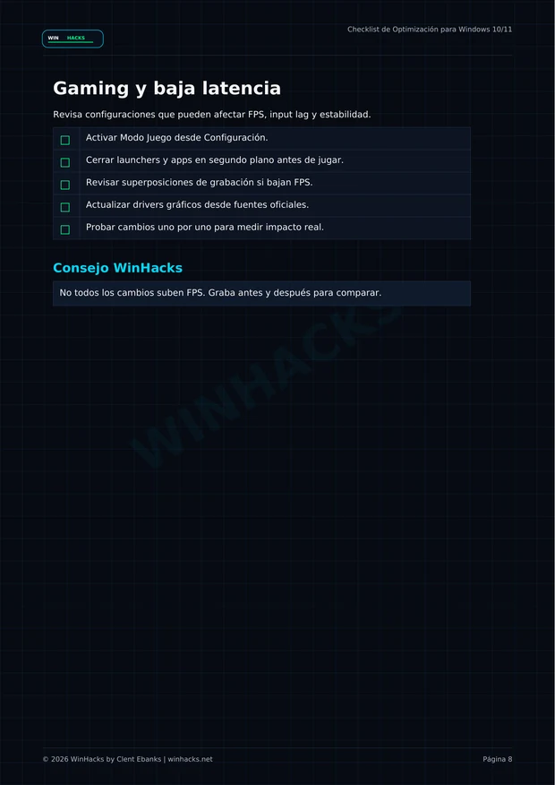 Página de gaming y baja latencia del Checklist de Optimización