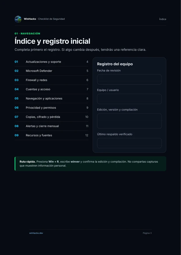 Índice y registro inicial del Checklist de Seguridad de Windows