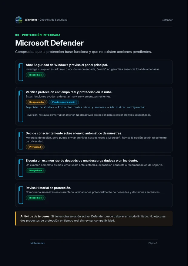Página de Microsoft Defender del Checklist de Seguridad