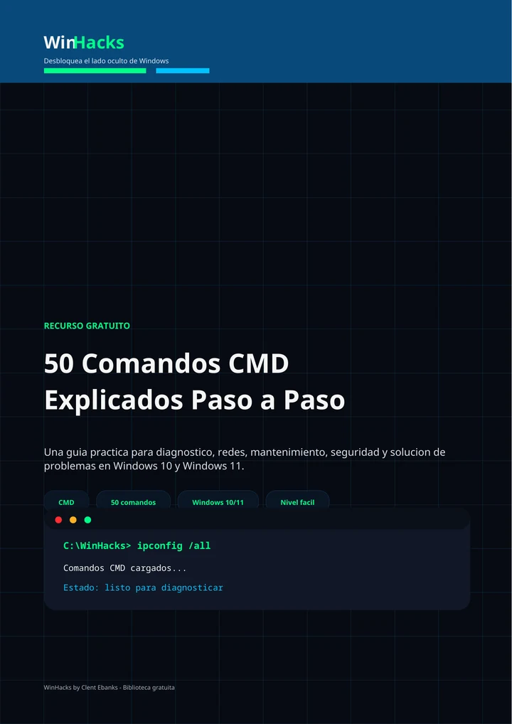 Portada del PDF gratuito 50 Comandos CMD Explicados Paso a Paso